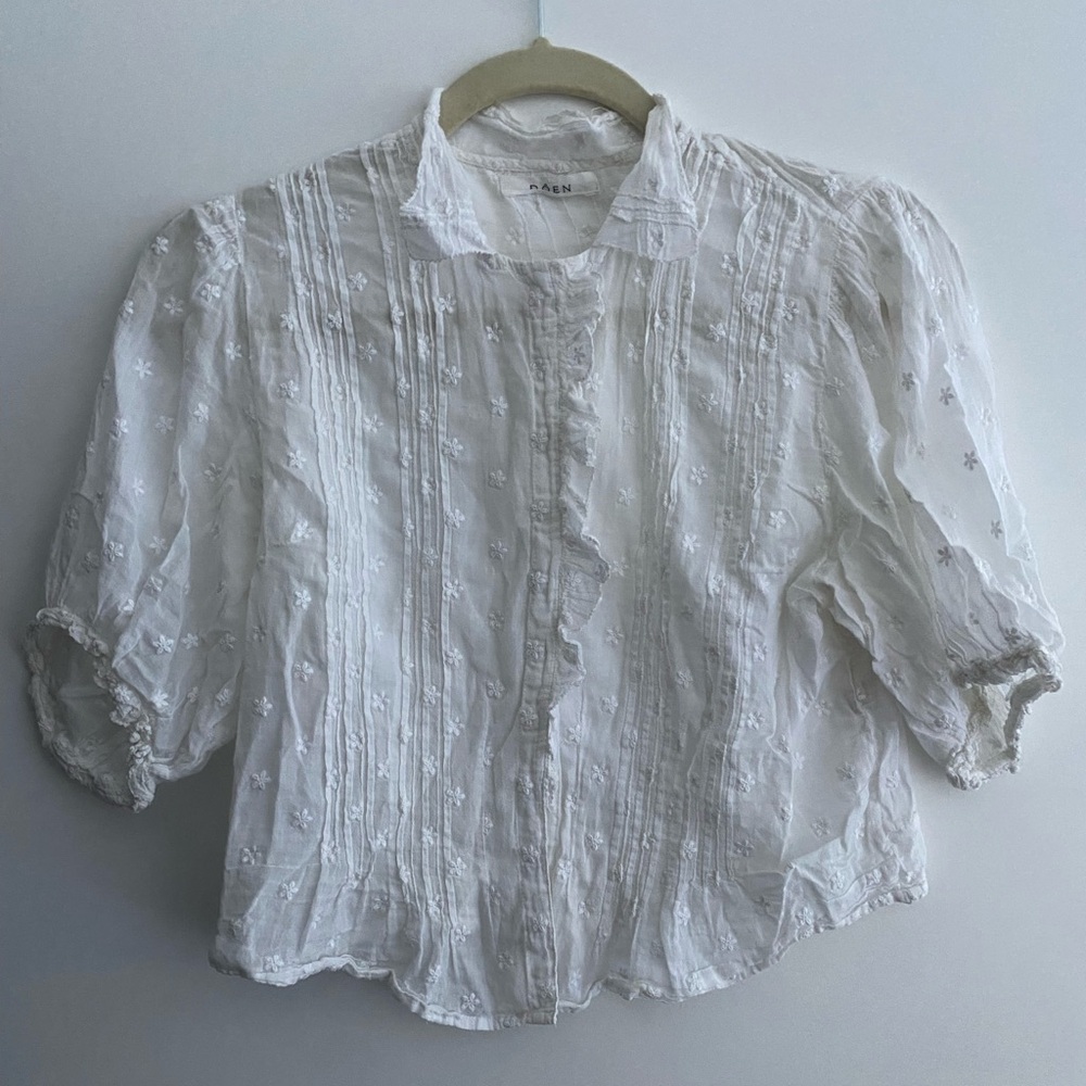 Doen White Sheer Blouse with Floral Embroidery
